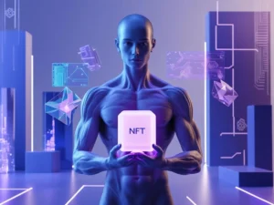 AI humanoid holding NFT cube with blue and violet gradient, digital art fragments, and blockchain elements in a futuristic cyberpunk setting.