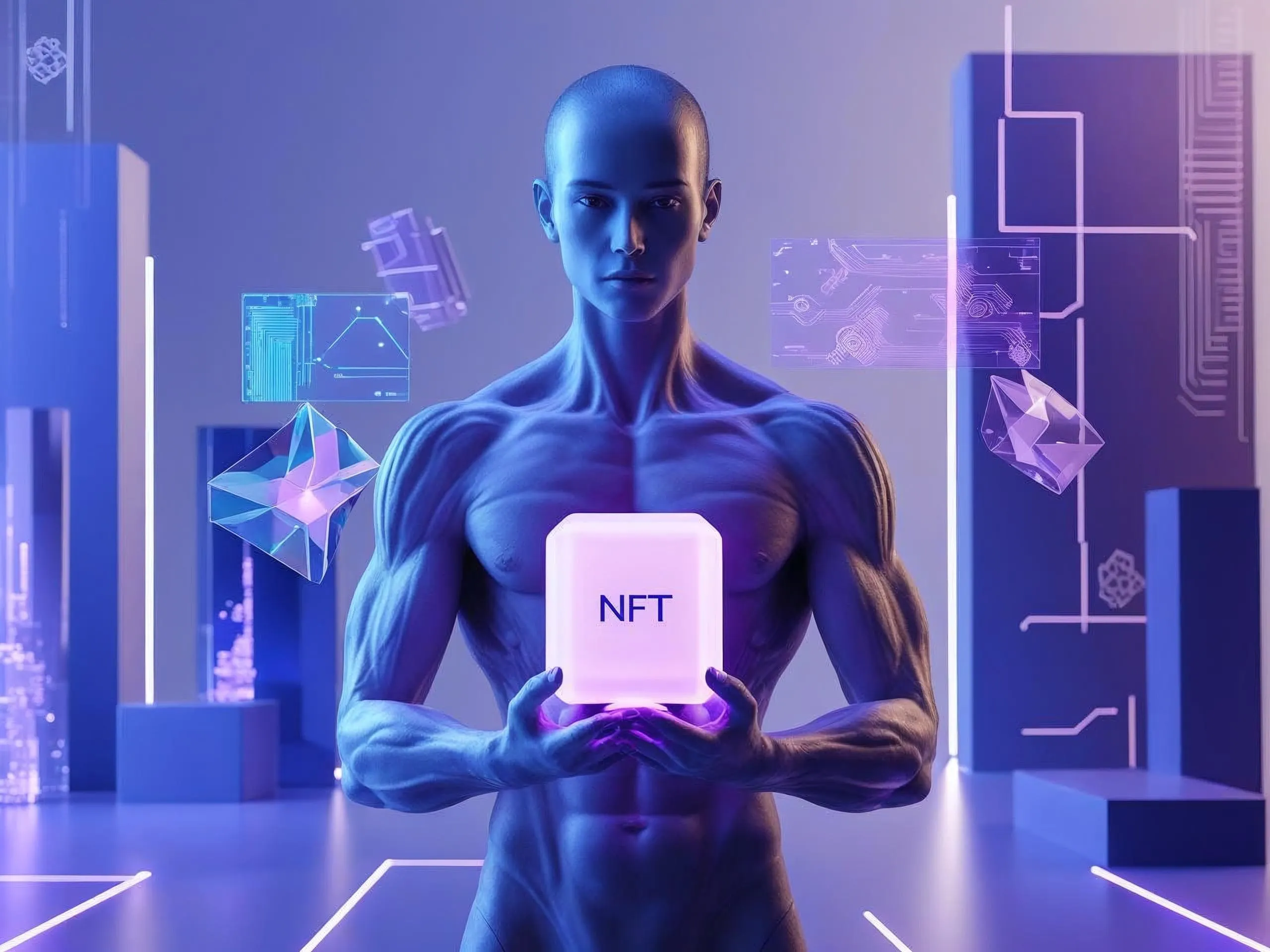 AI humanoid holding NFT cube with blue and violet gradient, digital art fragments, and blockchain elements in a futuristic cyberpunk setting.
