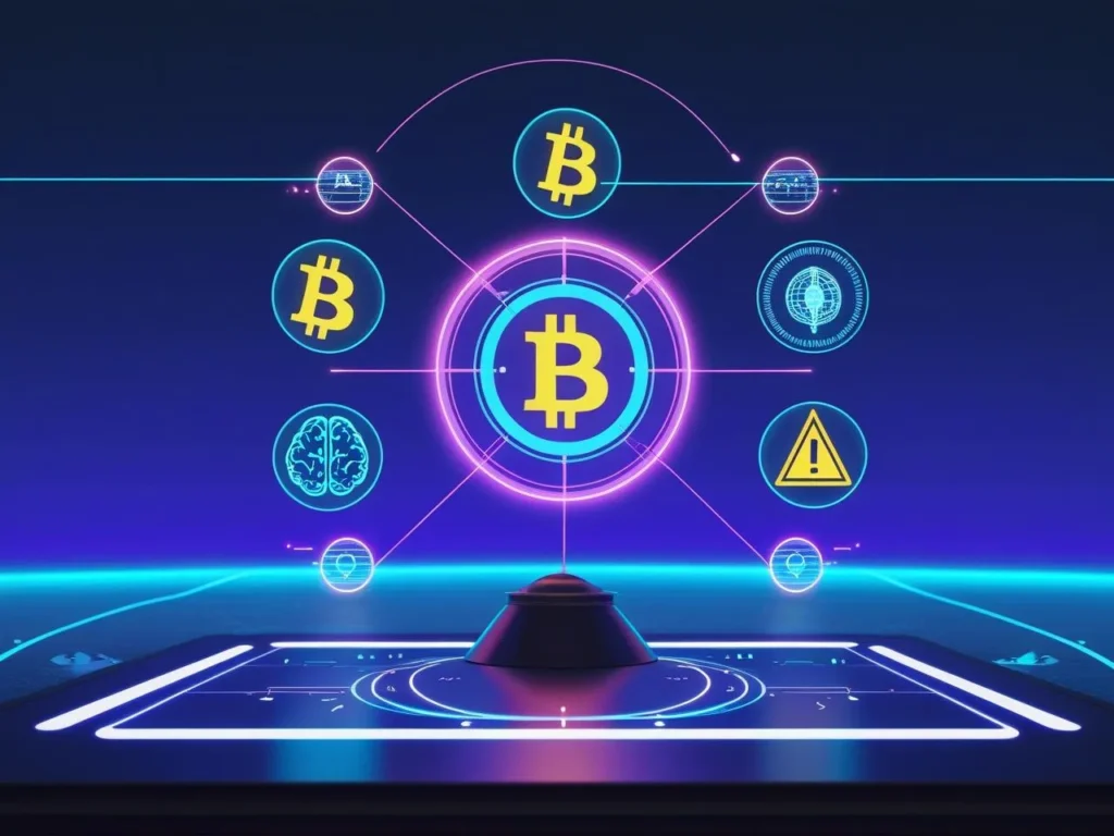 Futuristic dashboard with crypto, AI, and global trend icons in blue and purple gradient