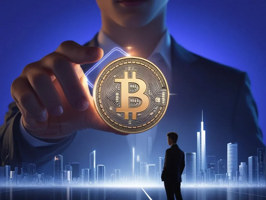 Crypto coin transforming into digital ID over blue and purple gradient, symbolizing mature crypto future.

