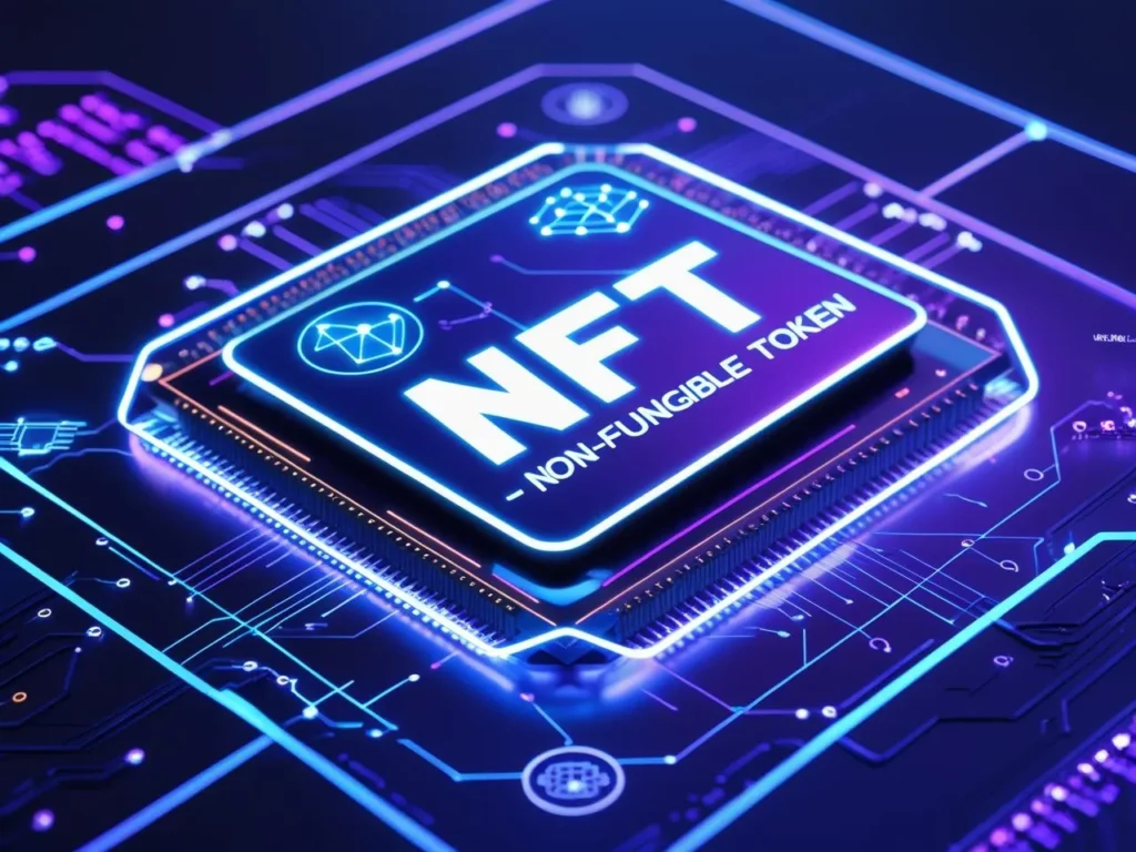 NFT chip on glowing circuit board with royal blue and violet gradient, symbolizing blockchain and digital ownership.