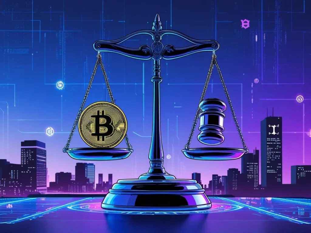 Digital justice scale with Bitcoin and gavel, symbolizing crypto regulation in royal blue and violet tones