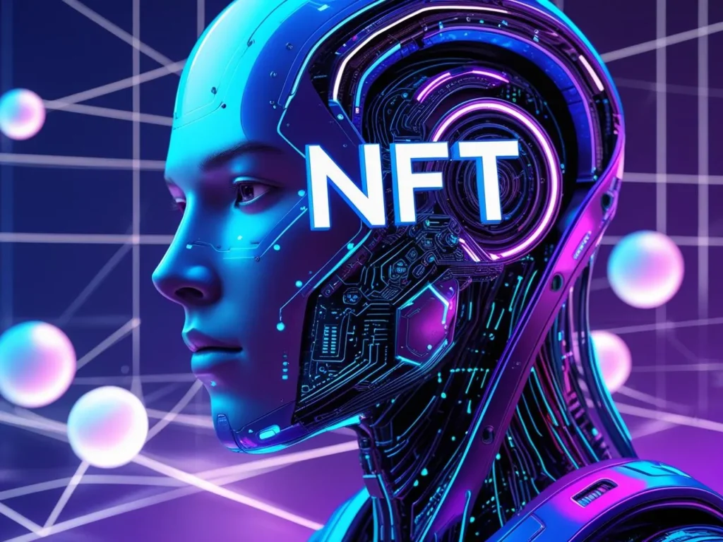 Futuristic AI robot with glowing NFT text, set against a blue and violet gradient digital landscape.
