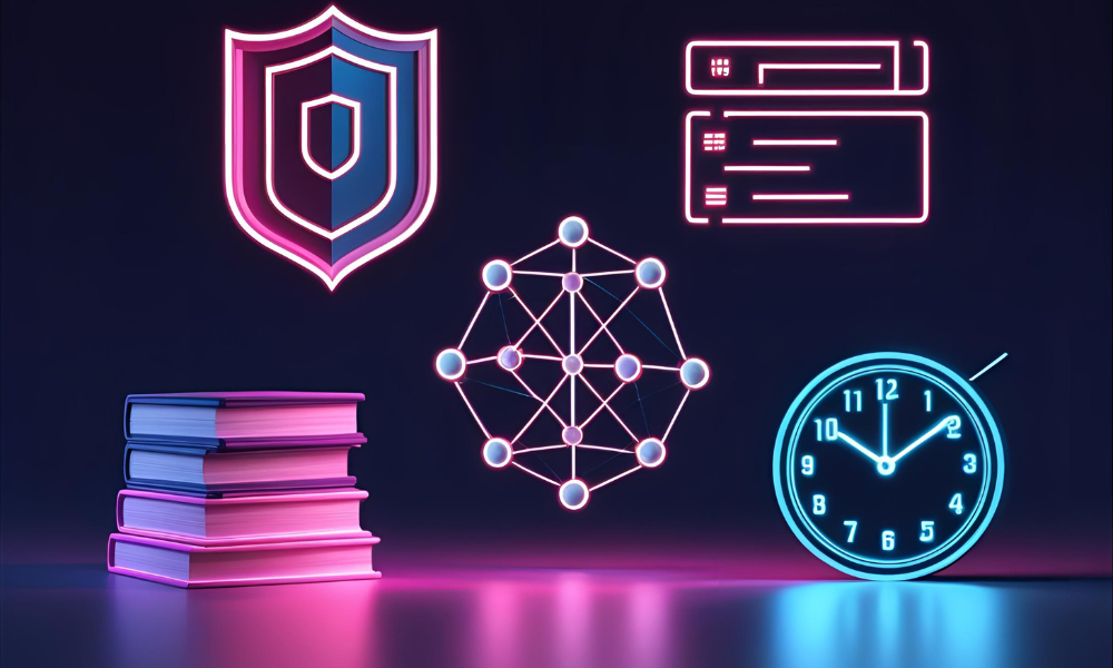 futuristic icons floating in space: shield for authority, book for depth, code brackets for structured data, web cluster for semantic seo, clock for freshness