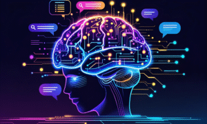 futuristic digital illustration of ai brain with glowing circuits, search bars, chat bubbles, schema icons, and citationsfuturistic digital illustration of ai brain with glowing circuits, search bars, chat bubbles, schema icons, and citations