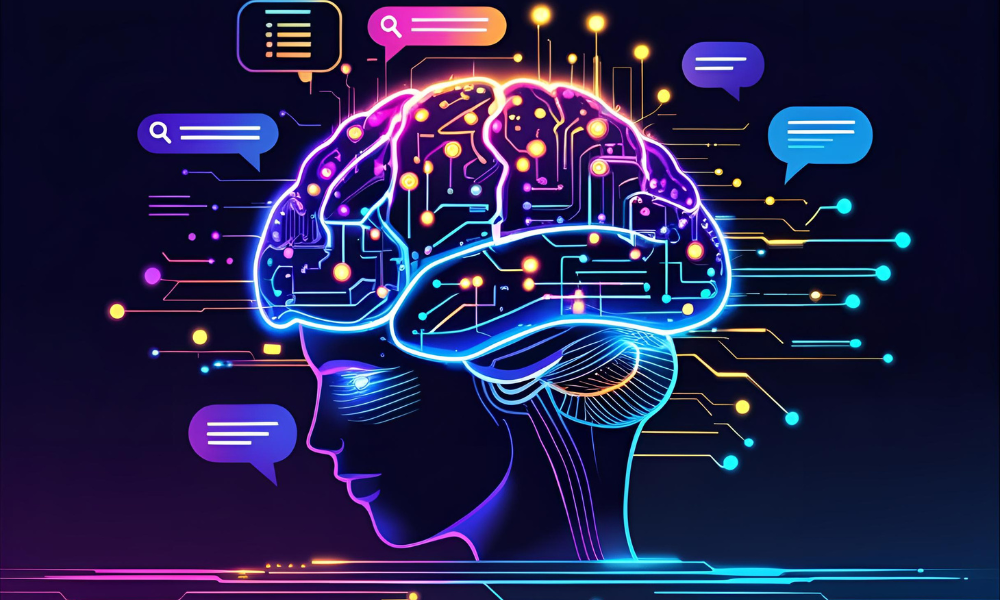 futuristic digital illustration of ai brain with glowing circuits, search bars, chat bubbles, schema icons, and citationsfuturistic digital illustration of ai brain with glowing circuits, search bars, chat bubbles, schema icons, and citations