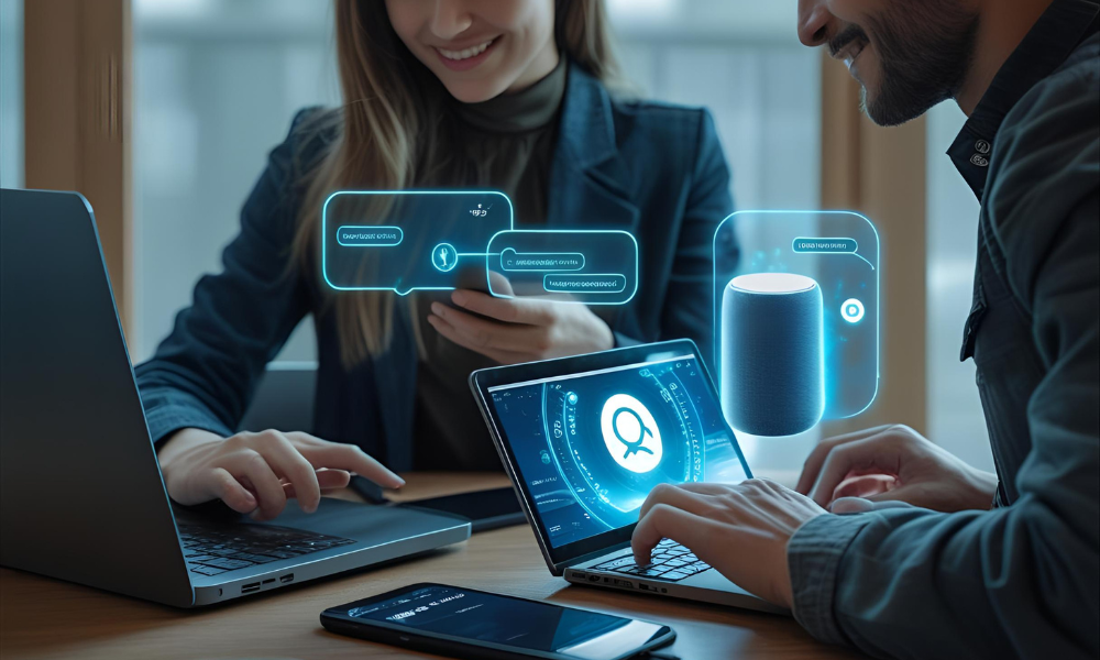 people using multiple devices (laptop, phone, smart speaker) while a holographic ai assistant projects direct answers
