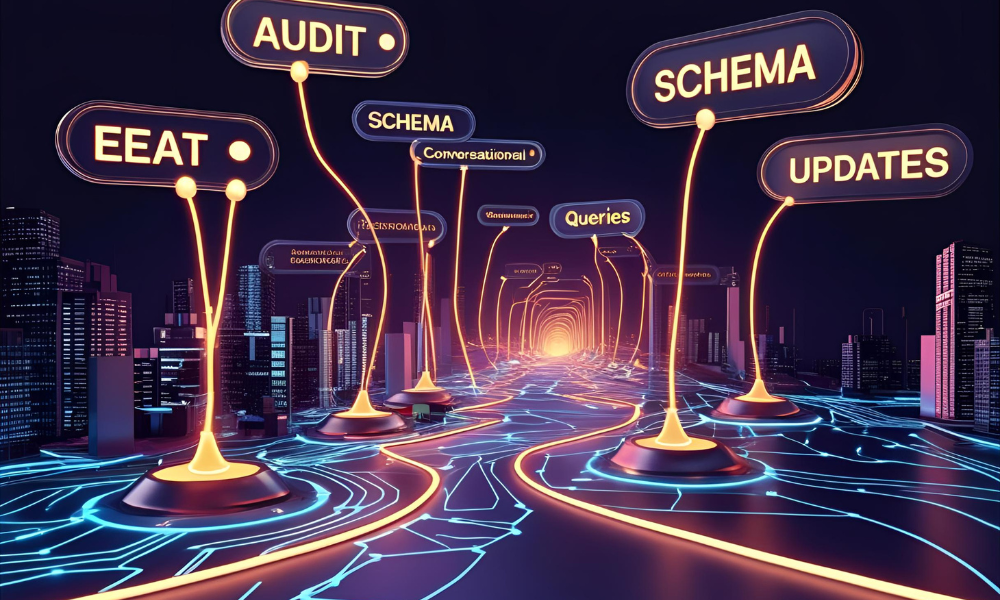 step-by-step futuristic roadmap glowing with nodes: audit, eeat, schema, conversational queries, updates, each node connected by neon circuit lines
