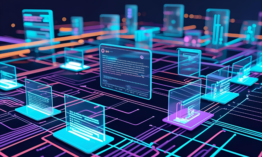 futuristic ai interface showing glowing data streams forming a search result summary, holographic text blocks with citations