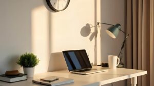 Minimalist home office desk with laptop, clock, and natural sunlight — ideal for chronoworking or remote productivity routines