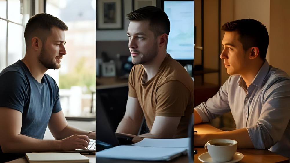 young professionals working remotely at different times of day—morning, afternoon, and evening—illustrating the benefits of chronoworking and flexible work schedules