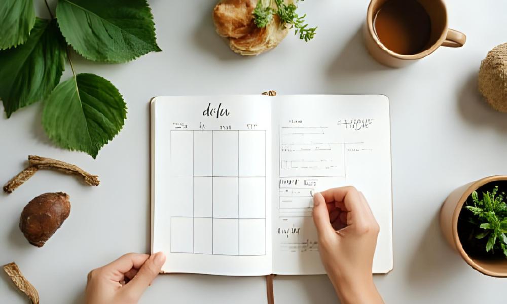 Person planning in a minimalist journal surrounded by plants, tea, and natural decor on a white desk
