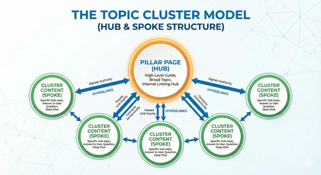 An infographic illustrating "The Topic Cluster Model (Hub & Spoke Structure)." A central orange circle labeled "PILLAR PAGE (HUB)" is connected by two-way blue arrows labeled "HYPERLINKS" to five surrounding green circles labeled "CLUSTER CONTENT (SPOKE)." Text along the arrows indicates that the hyperlinks "Signals Authority," "Passes Link Equity," and "Connects Semantically." The background is a light blue digital network pattern.