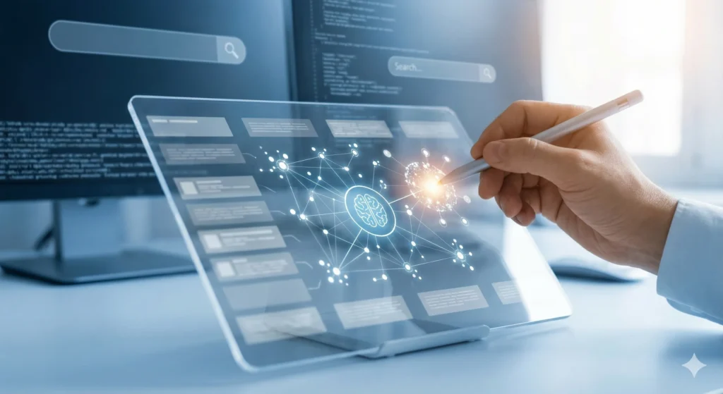 A hand uses a stylus on a transparent tablet to highlight a specific, glowing data point within a complex network connected to a central brain icon. This illustrates the concept of providing unique "Information Gain" and semantic clarity for AI-driven search engines and answer engines. Background monitors display code and search bars, reinforcing the technological context.