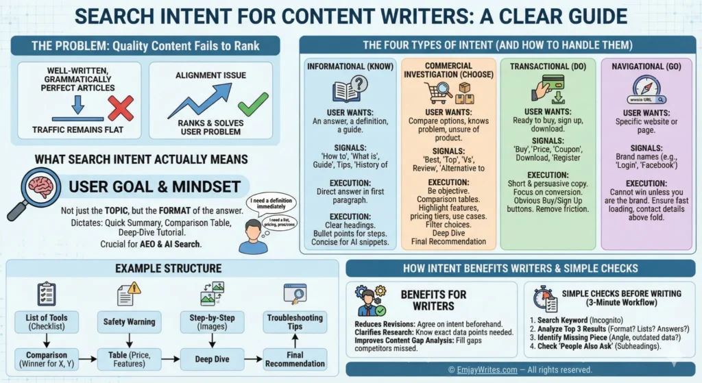 titled "SEARCH INTENT FOR CONTENT WRITERS: A CLEAR GUIDE". The top section, "THE PROBLEM: Quality Content Fails to Rank", shows two panels: "WELL-WRITTEN, GRAMMATICALLY PERFECT ARTICLES" with an X and an arrow pointing down to "TRAFFIC REMAINS FLAT"; and "ALIGNMENT ISSUE" with an arrow pointing up to "RANKS & SOLVES USER PROBLEM" and a green checkmark. Below this, "WHAT SEARCH INTENT ACTUALLY MEANS" features a magnifying glass with a brain icon and the text "USER GOAL & MINDSET", explaining it's "Not just the TOPIC, but the FORMAT of the answer." and dictates the format (e.g., Quick Summary, Comparison Table). It is described as crucial for AEO & AI Search. A cartoon user is shown thinking, "I need a definition immediately" and "I need a list, pricing, pros/cons".