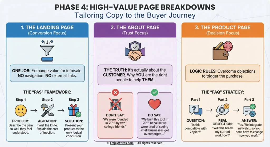 Infographic detailing specific copywriting strategies for Landing Pages, About Pages, and Product Pages, including the PAS framework and objection handling techniques.