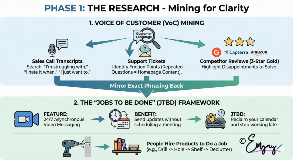 Infographic showing copywriting research methods, covering Voice of Customer (VoC) mining sources and the Jobs to Be Done (JTBD) framework.