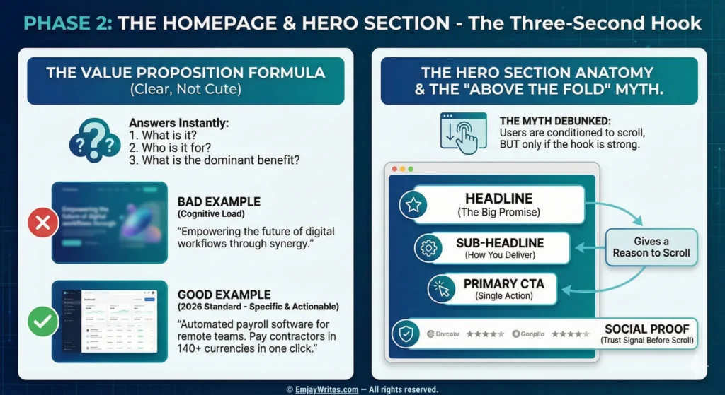 Infographic detailing the elements of a high-converting homepage hero section. It contrasts vague versus clear value propositions and outlines necessary components like the headline, CTA, and social proof to encourage scrolling.