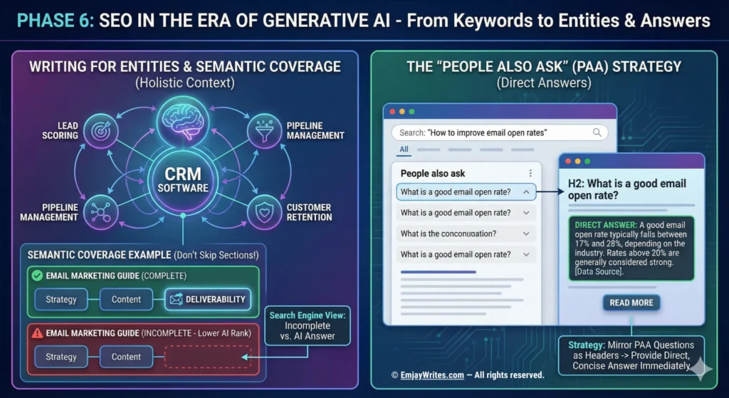 Infographic depicting SEO strategies for the Generative AI era, illustrating the shift to entity-based writing, the importance of holistic semantic coverage, and how to leverage the "People Also Ask" section for content structure.