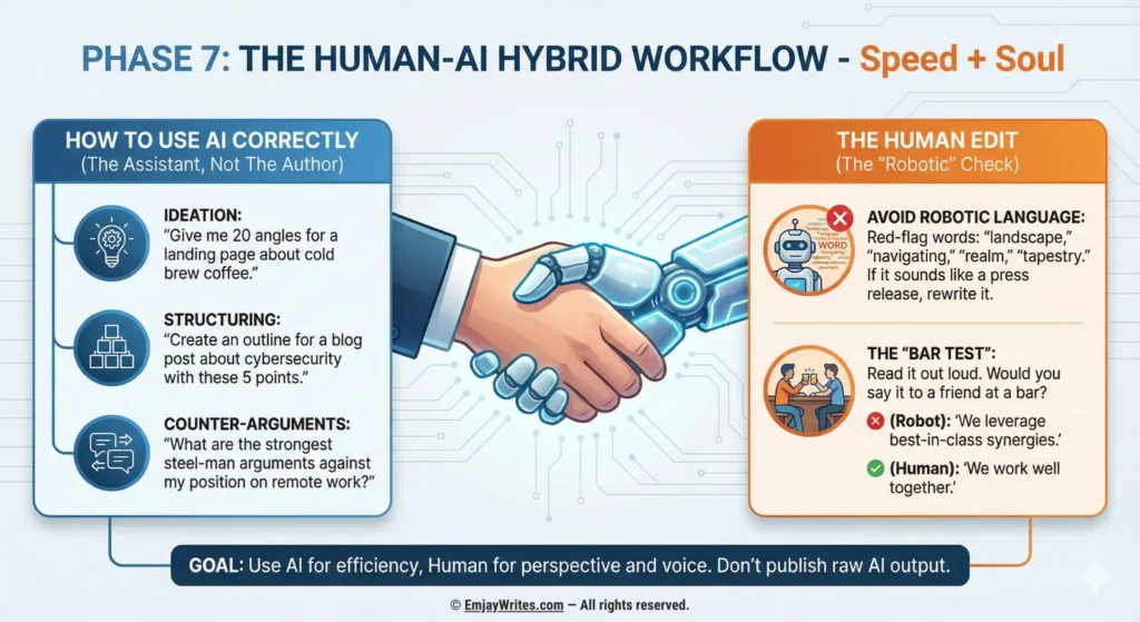 Infographic illustrating the Human-AI Hybrid Workflow, distinguishing between AI's role in ideation and structuring versus the human role in final editing and applying the "Bar Test" to ensure natural tone.